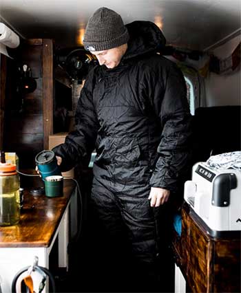 Van Life - Making Coffee While Camping and Wearing a Selkbag Sleeping Bag Onesie