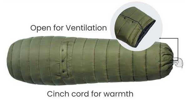Sleeping Bag Ventilation with Cinch Bottom and Side Snaps